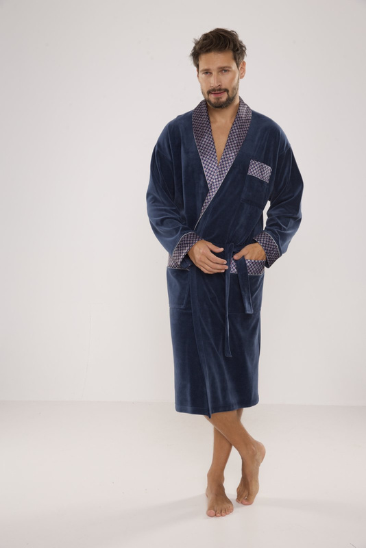 Bawełniany długi szlafrok męski Noble De Lafense z satynowym obłożeniem - 868 jeansowy
