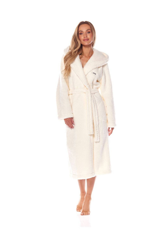 Długi ciepły szlafrok z kapturem L&L 2205 BRANDI w kolorze ecru