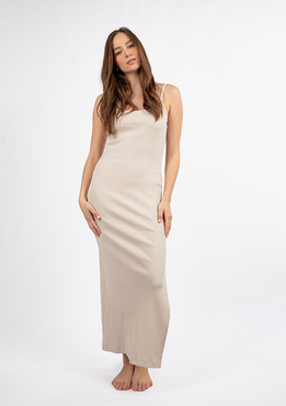 Dopasowana sukienka DK-K-P7 - beż bawełna prążki  - Dkaren