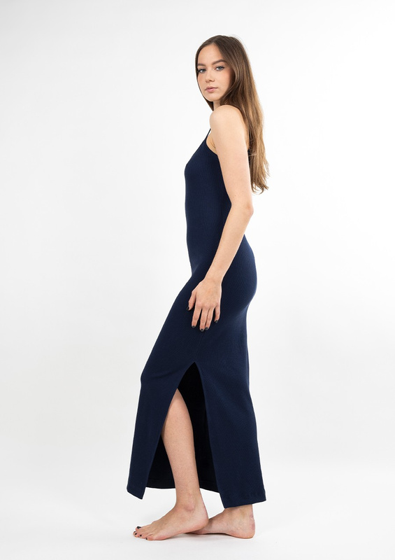 Dopasowana sukienka DK-K-P7 - granat bawełna prążki - Dkaren