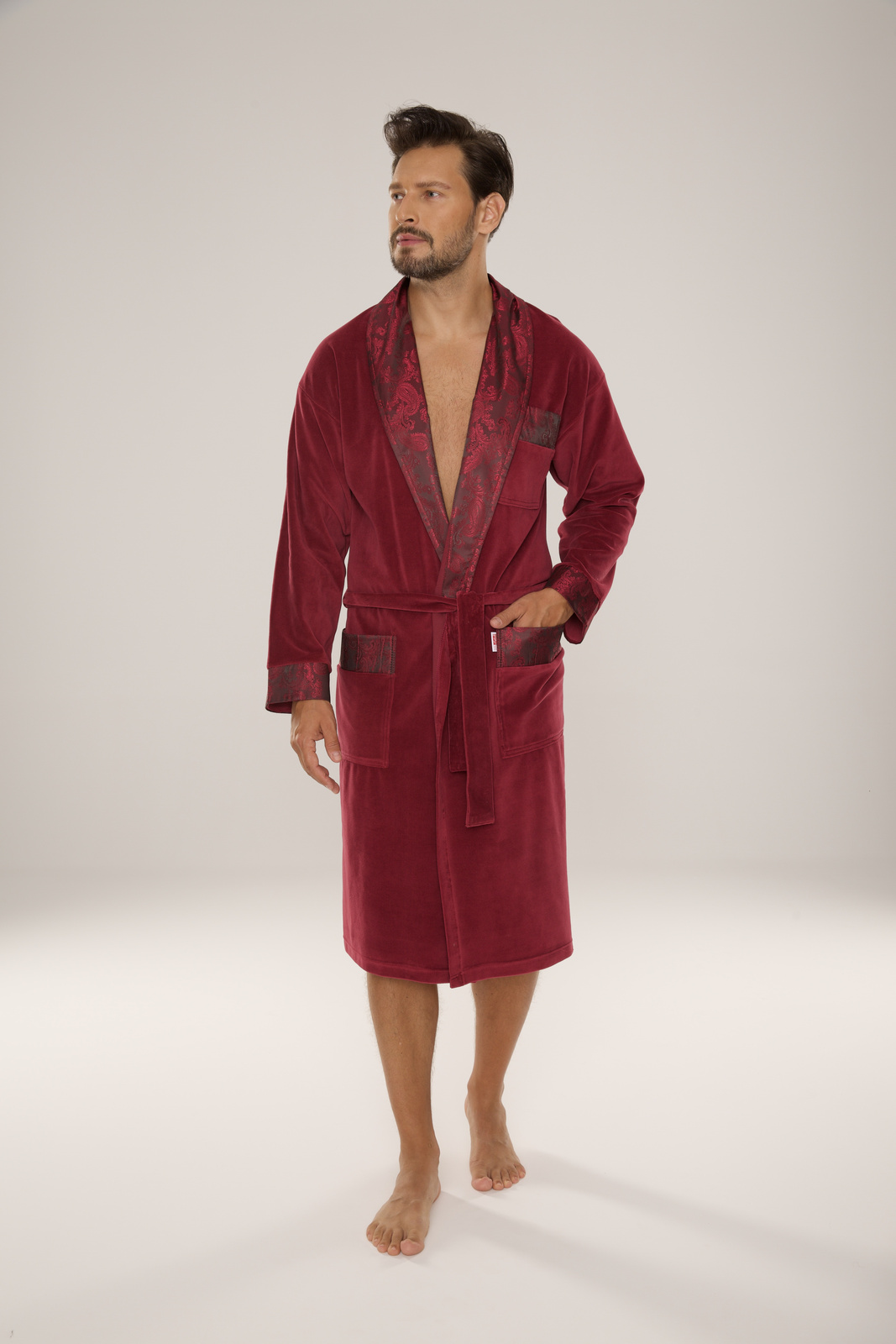 Bawełniany długi szlafrok męski Noble De Lafense z satynowym obłożeniem - 868 burgund