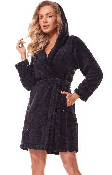 Krótki czarny szlafrok damski z kapturem L&L 2319 End