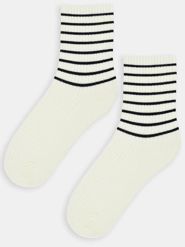 Skarpety damskie z wełną w paski SB140 ecru - Noviti