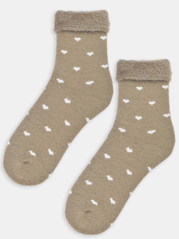 Słodkie skarpetki damskie w serca z prawdziwą wełną SB137 beż - Noviti