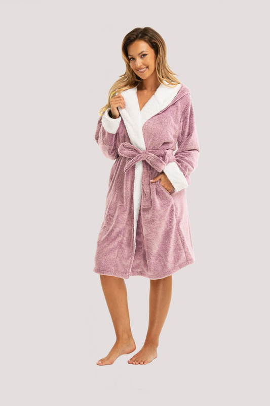 Ciepły różowy szlafrok frotte z kapturem Unikat Sharon