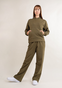 Komplet sportowy bluza z kapturem i "kangurką" oraz szerokie spodnie Dk-k-b8 - khaki bawełna - Dkaren