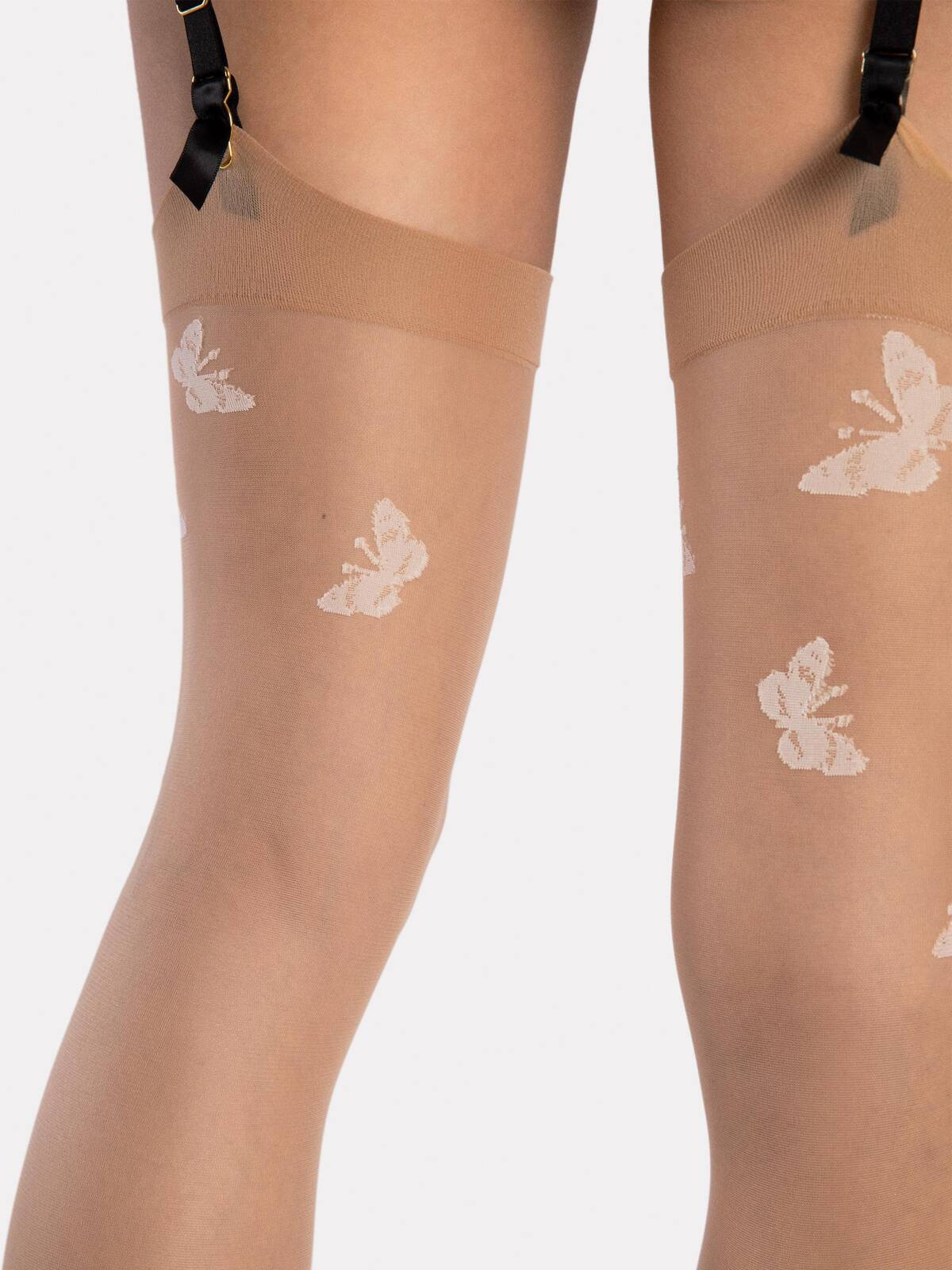 Cieliste pończochy do paska ze wzorkiem motyla Fiore FARFALLE w kolorze ecru