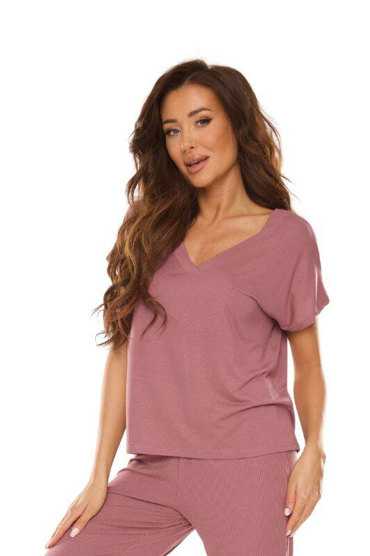 Luźna bluzka damska z dekoltem V De Lafense Vendy 774 w kolorze jagodowym