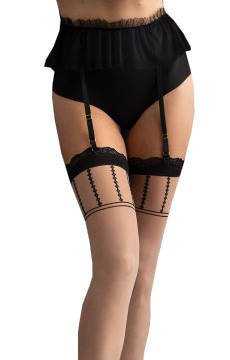 Pudrowe pończochy z czarną koronką i wzorem Fiore VOILA