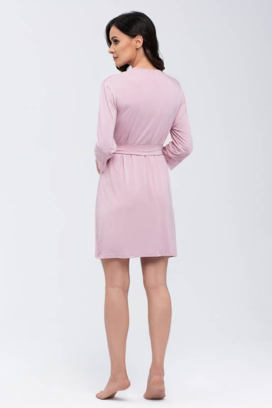 Wiązany różowy szlafrok damski z koronkowym wykończeniem Babella JANE