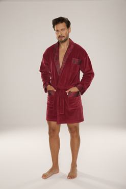 BAWEŁNIANY, elegancki szlafrok męski burgund De Lafense - 866 z satynowym wykończeniem