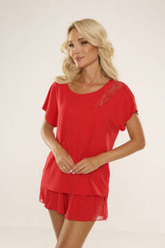 Luźna czerwona piżama damska z krótkimi spodenkami De Lafense 738 Velar